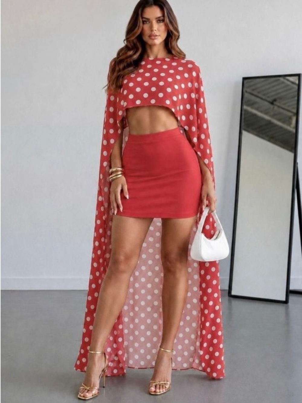 Red and White Polka Dot Cape Top with red Mini Skirt -Three-Piece Set